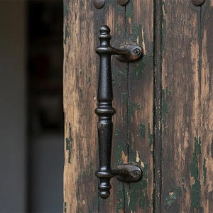 Vintage industrial cast iron door handle with bronze distressed finish on old wooden door