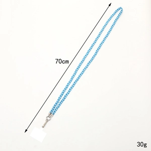 Blue braided crossbody phone strap with metal hooks, 70cm length and 30g lightweight design