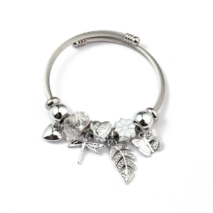 Detail of silver charm bracelet with heart pendant, dragonfly, and sparkling beads