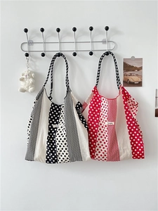 Canvas Cotton Tote Bag Large Capacity Polka Dot Striped Splicing Shoulder Handbag French Casual Retro Women