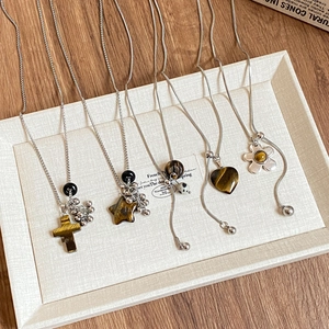 Tiger eye stone bead pendant necklaces in stainless steel with cross and heart designs