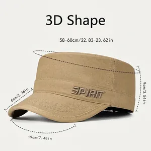 Khaki flat top military hat for men and women with spirit embroidery and cotton fabric