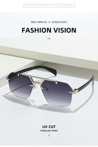 Detail of rimless square sunglasses with silver hardware and purple gradient lenses