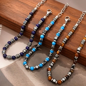 Mens natural stone beaded bracelet set with tiger eye, turquoise and hematite stones