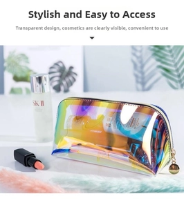 Detailed view of iridescent TPU makeup bag with metal ball zipper and neon laser finish