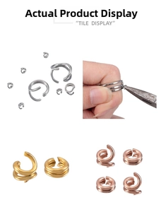 Detail of stainless steel jump rings in gold, silver, and rose gold with pliers tool