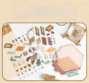 3D miniature ancient style room DIY stickers set with cute cat characters and furniture