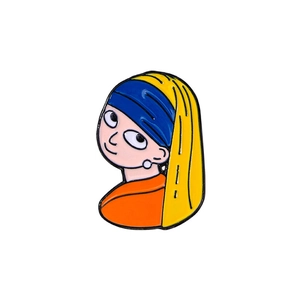 Cartoon enamel pin featuring Girl with a Pearl Earring artwork on white background