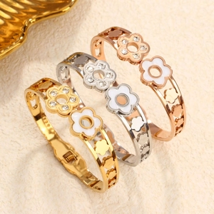 Stainless Steel Floral Hollow Open Bangle Bracelet For Women Gold Silver Rhinestone Enamel Flower Jewelry Gift