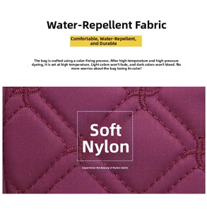 Close-up of waterproof burgundy quilted nylon fabric with durable and colorfast texture