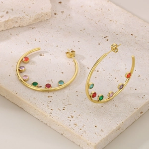 Chic gold-plated C-shaped stainless steel hoop earrings with colorful zircon stones