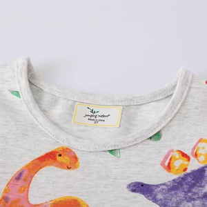 Robe fille à manches longues avec dinosaures colorés en coton gris chiné doux