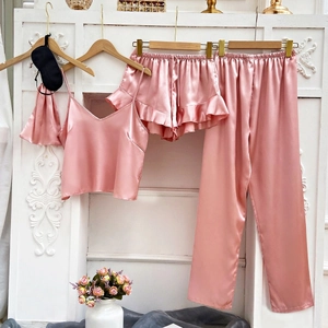 Women Faux Satin Satin Sleepwear Camisole Top Pants Shorts Eye Mask And Bag V Neck Loungewear Elegant Solid Color