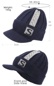 Detail view of navy knit beanie with S-logo and dimensions 30cm height and 7cm brim