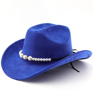 Royal blue vintage western cowboy hat featuring pearl trim and decorative black silk ribbons