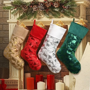 Large Christmas Stockings Polyester Metallic Geometric Pattern Velvet Cuff Fireplace Hanging Holiday Home Decoration