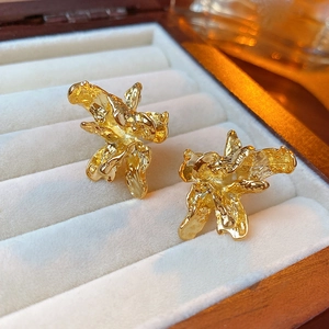Dettaglio macro di orecchini vintage dorati con trama artistica in una scatola regalo