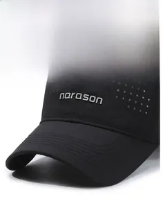 Detailed view of laser-cut side vents and precise brim stitching on black mesh sports cap