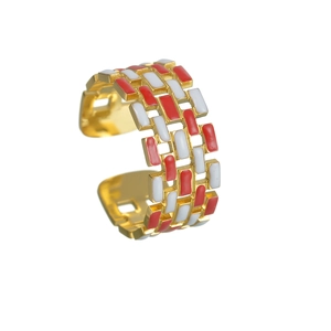 Fashionable golden open ring with red and white rectangular enamel brick pattern design