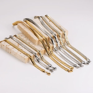 Flat herringbone stainless steel snake chain necklace set in gold and silver finish