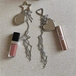 Silver star and heart shaped keychain with mirror pendant and long metal tassel chain
