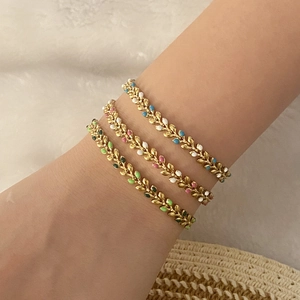 Enamel Leaf Bracelet Stainless Steel Gold Plated Colorful Wheat Ear Chain Jewelry For Women Adjustable Elegant Accessory