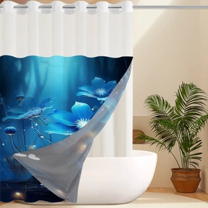 Detail of waterproof polyester shower curtain with glowing blue flowers and metal grommets