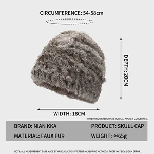 Plush faux rabbit fur beanie for women, soft winter warm knit hat with size dimensions