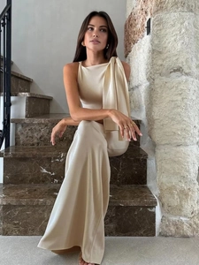 Elegant One Shoulder Satin Evening Dress Sleeveless Streamer Solid Color Slim Fit Maxi Long Gown For Women Party Banquet