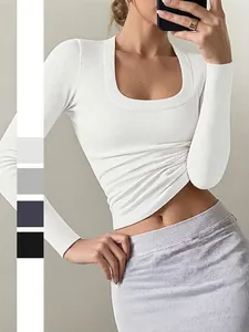 T-Shirt Ajusté Femmes Manches Longues Col Carré Tricot Côtelé Couleur Unie Y2K Streetwear Haut Élastique Décontracté