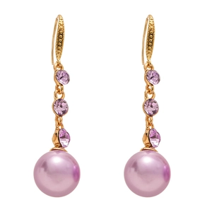Vintage gold drop earrings with triple violet crystals and round purple faux pearl