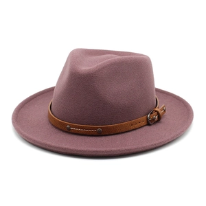 Classic dusky pink Fedora wool hat with brown leather buckle band for men and women