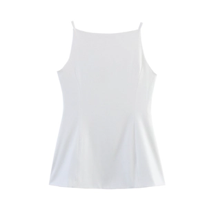 Close-up of white spaghetti strap camisole with minimalist square neck design