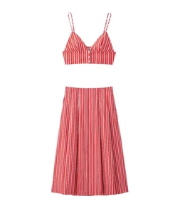 Detailed flat lay of red and white striped crop top and midi skirt summer set