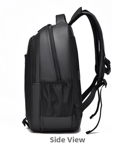Side view of large black business backpack with breathable mesh pocket and durable fabric