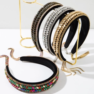 Luxury Baroque Padded Headband With Pave Rhinestones Long Tassel Hair Accessory For Women Fashion Catwalk Party Jewelry