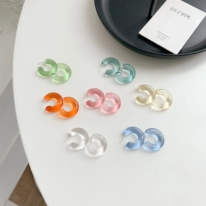 C-Shaped Hoop Earrings For Women Transparent Jelly Color Geometric Resin Jewelry With Stainless Steel Earring Post