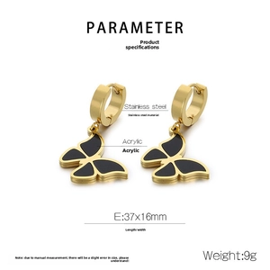 Detail view of 18k gold plated butterfly earrings with black acrylic and size specs
