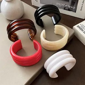 Three-layer geometric resin C-shaped open bangles in black, red, white, marble and amber