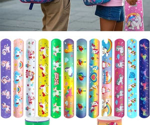 Detailed set of 12 colorful unicorn slap bracelets for kids party favors and gifts