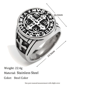 Retro stainless steel Saint Benedict cross ring with engraved hip-hop lettering pattern