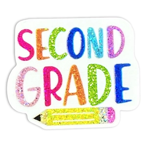 Detail of colorful glittery SECOND GRADE lettering and pencil graphic for school brooches