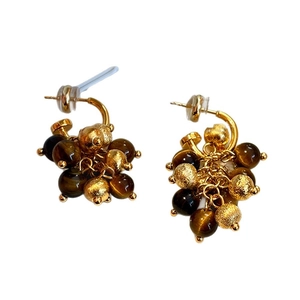 Bohemian tiger eye drop earrings with gold cluster beads and vintage tassel design