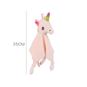 Pink plush unicorn comforter toy with rainbow mane and 35cm size measurement detail