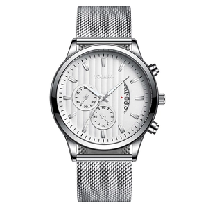 Fashion men's quartz watch with silver mesh band and white textured date dial