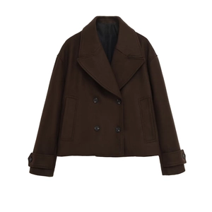 Short dark brown double-breasted wool jacket with classic lapel and sleeve details