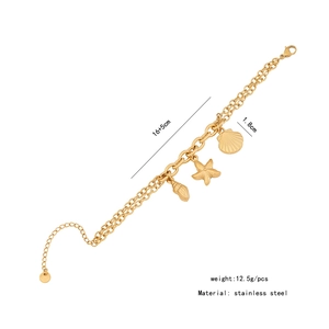 Detail view of double-layer stainless steel starfish and shell charm necklace with size info