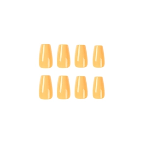 Glossy bright yellow medium ballerina shape press-on nails set on white background