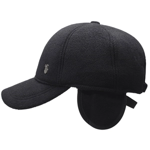 Men's winter wool baseball cap in black with ear flaps and metal emblem detail