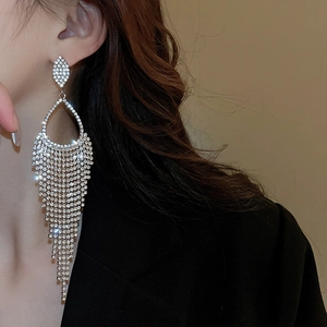Detail view of silver tassel drop earrings with sparkling rhinestones on a model
